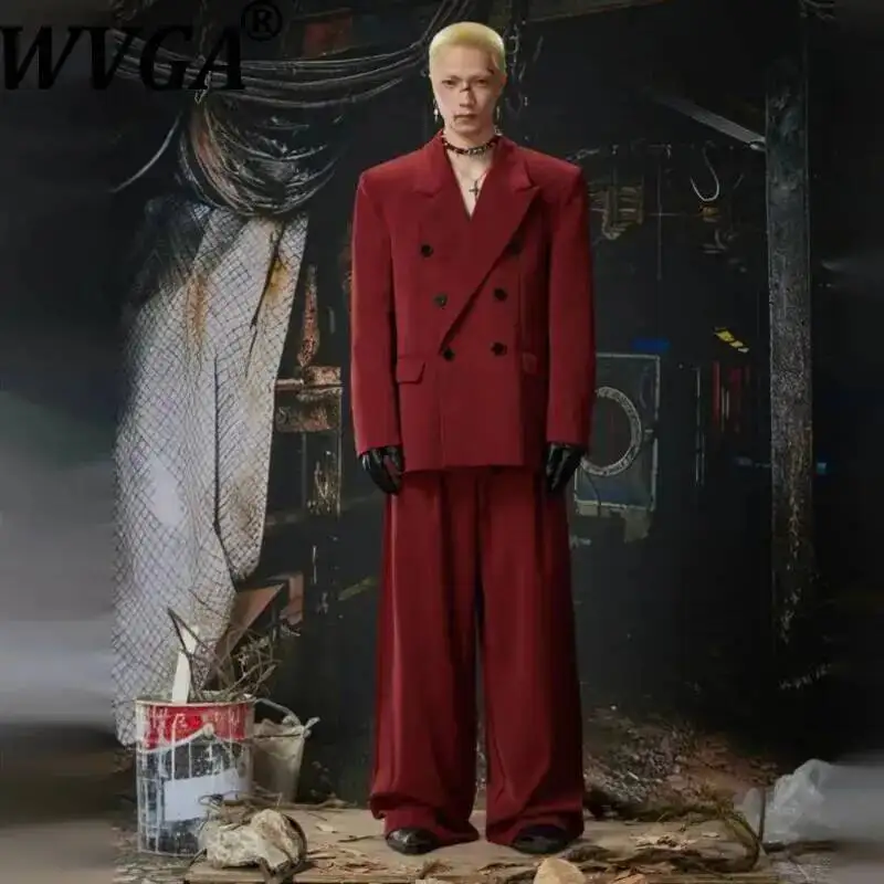 WVGA Spring Autumn New Men High-end Textured Double-breasted Blazer Niche Chic Casual Straight Suit Pants Two Pieces Sets W24152