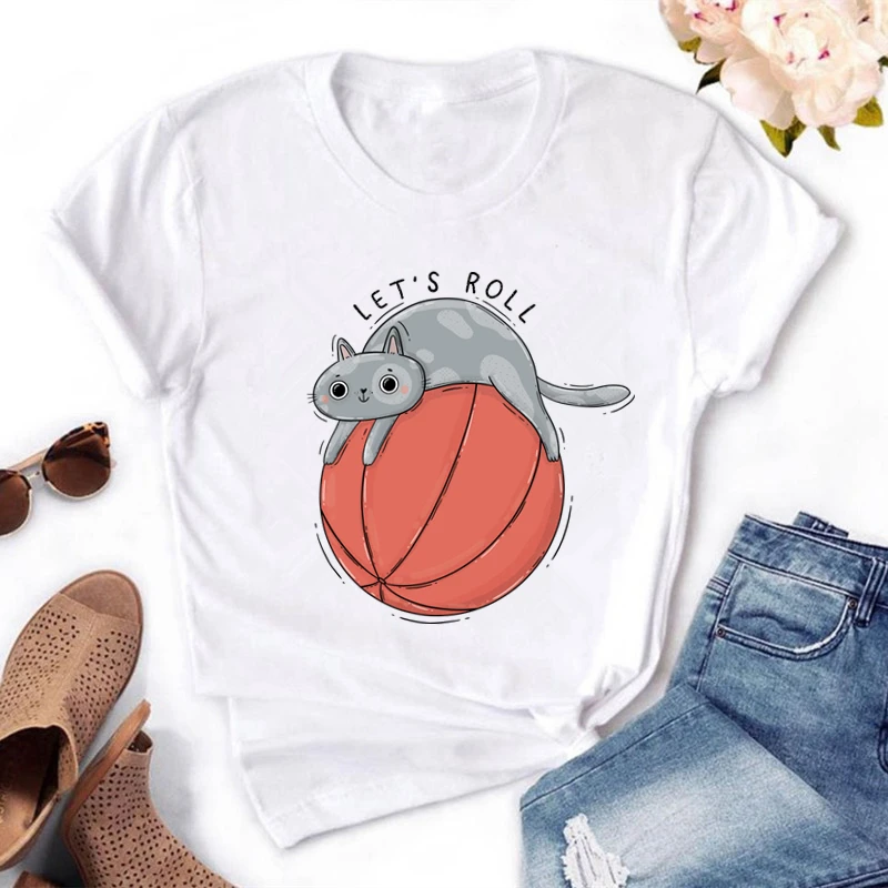 LET'S ROLL Cat playing basketball Print Women T Shirts Plus Size O-Neck Short Sleeve Ladies Tee Top Funny T-shirts
