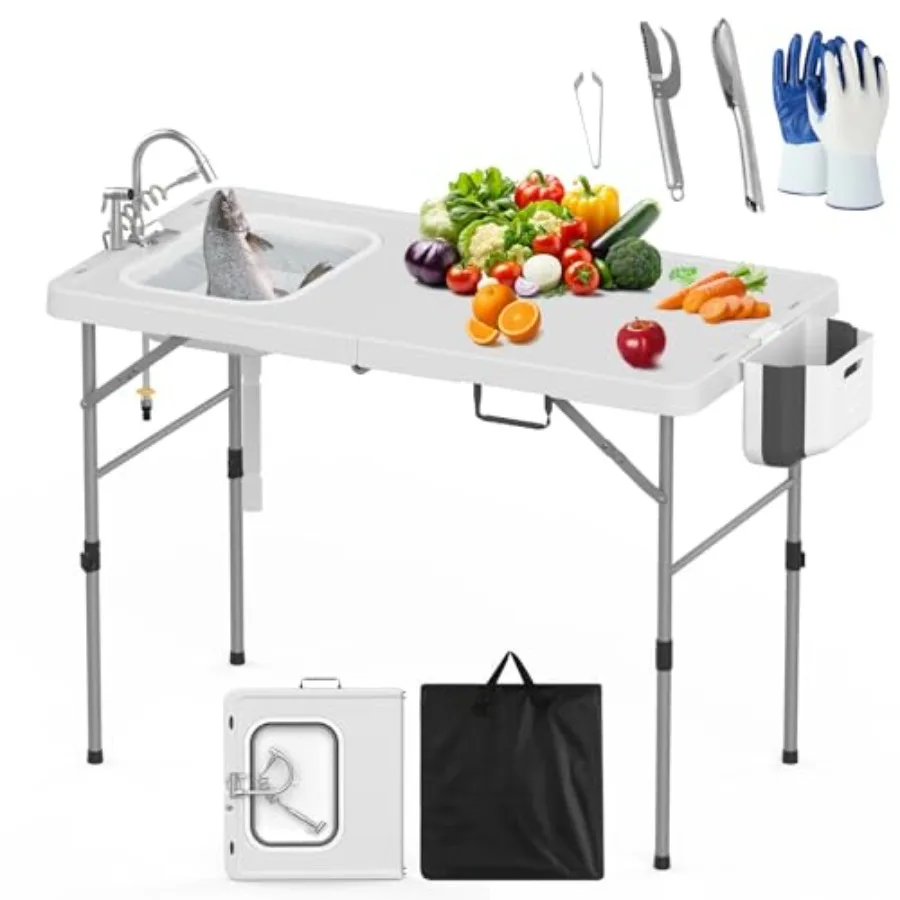 Fold in Half Folding Fish Cleaning Table with Sink Foldable Portable Camping Sink Table with Drainage Hose Fish Cleaning Kit Fi