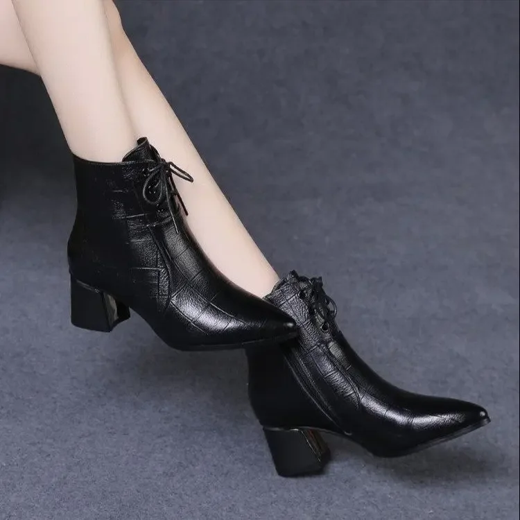 Concise Ankle Boots Women Chunky Square Heel Side Lace-Up Footwear Point Toe Decor Sewing Autumn Spring Casual Boots Women 35-42