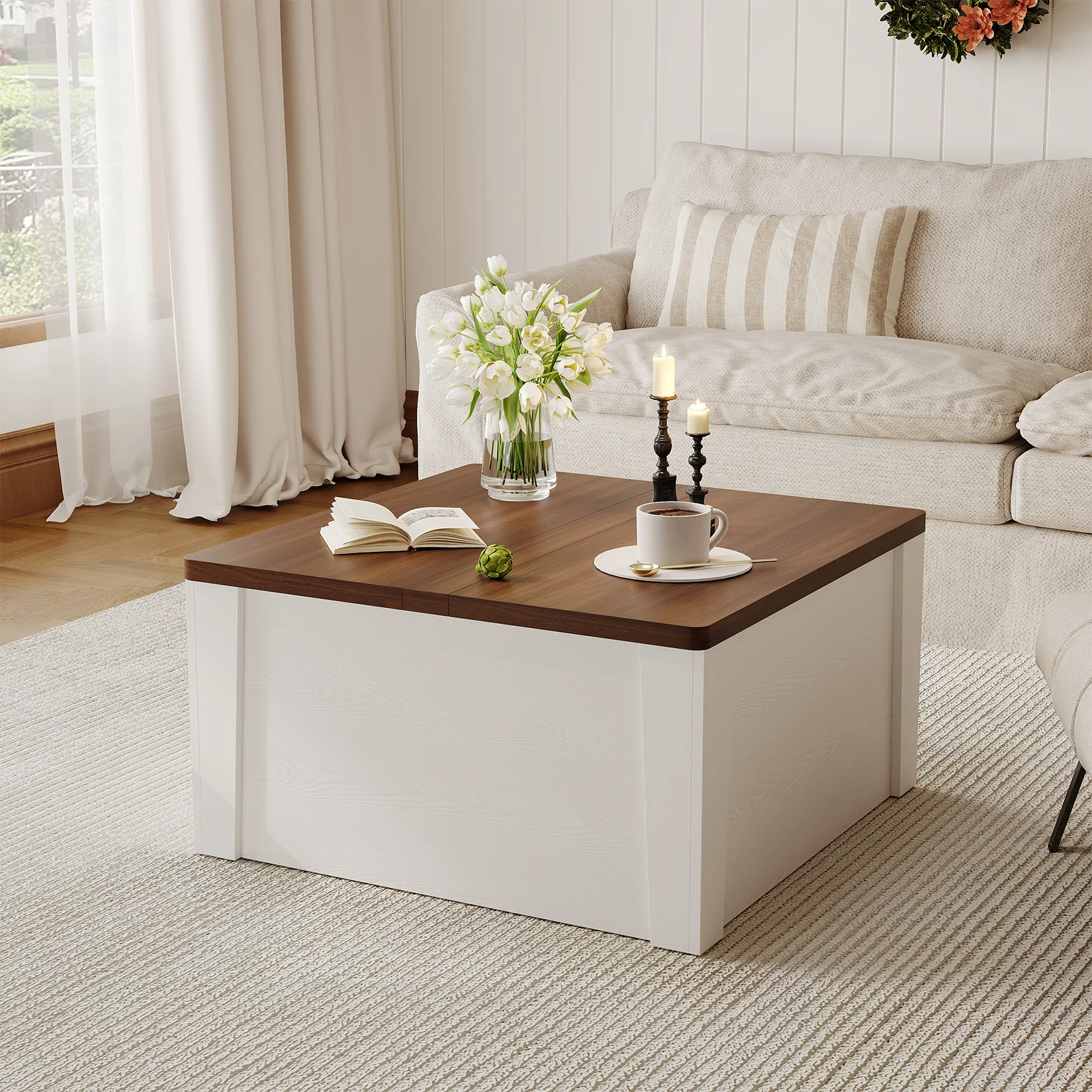 Farmhouse Square Coffee Table – Turn over-Top Hidden Storage Compartment, Gas Struts, Drawers, Easy-Clean Walnut Wood Grain – Indoor/Outdoor, Black Living Room Table, Black + Walnut Tabletop