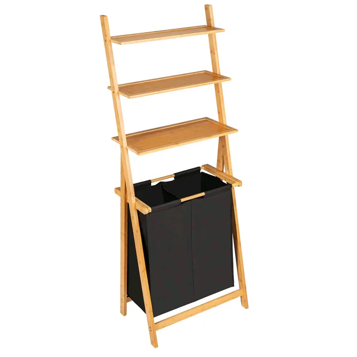 

！@Combohome Bamboo Ladder Shelf with Laundry Basket Shelf