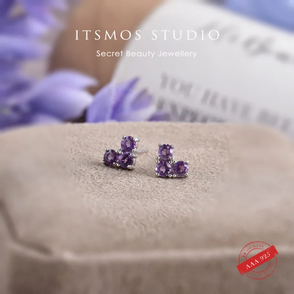 ITSMOS ametystowe kolczyki s925 srebro minimalistyczne delikatne kryształowe biżuteria codzienne układanie kamieni urodzeniowych szpilki dla kobiet