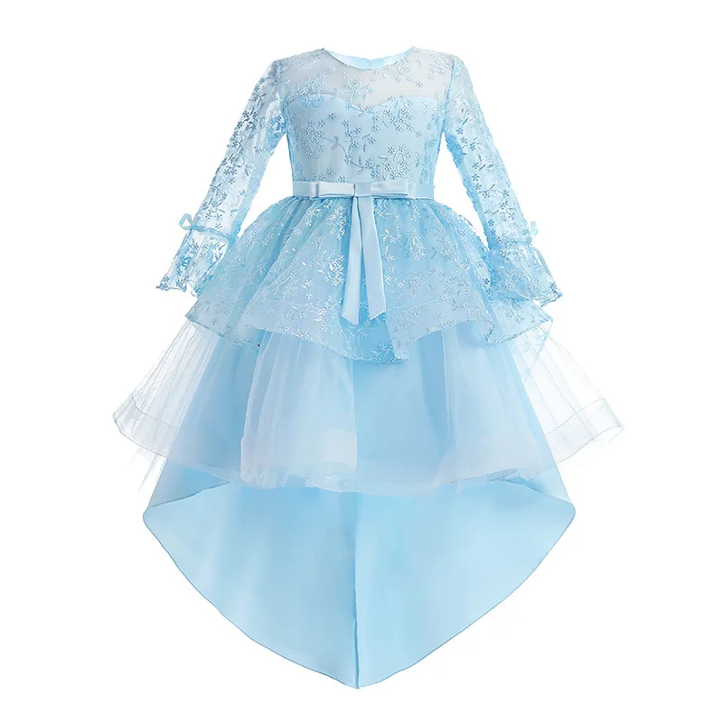 Girls\' Ceremony Gala Elegant Party Vintage Dresses 4 8 to 10 12 Years Blue Puffy Long Sleeve One-piece Gown Female Child Clothes