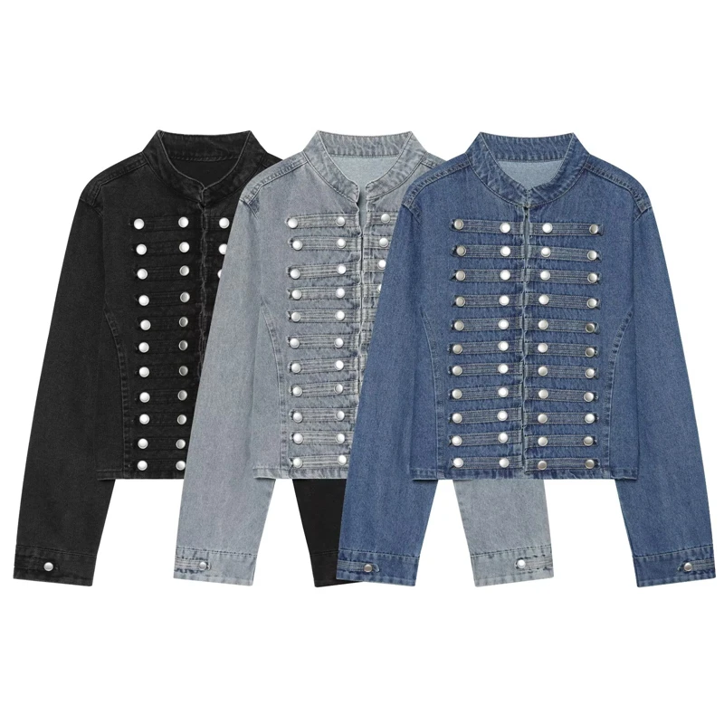Vintage Military Cropped Denim Jacket Ladies Mandarin Collar Double Row Silver Buttons Slim Waist Long Sleeve Casual Y2k Coat