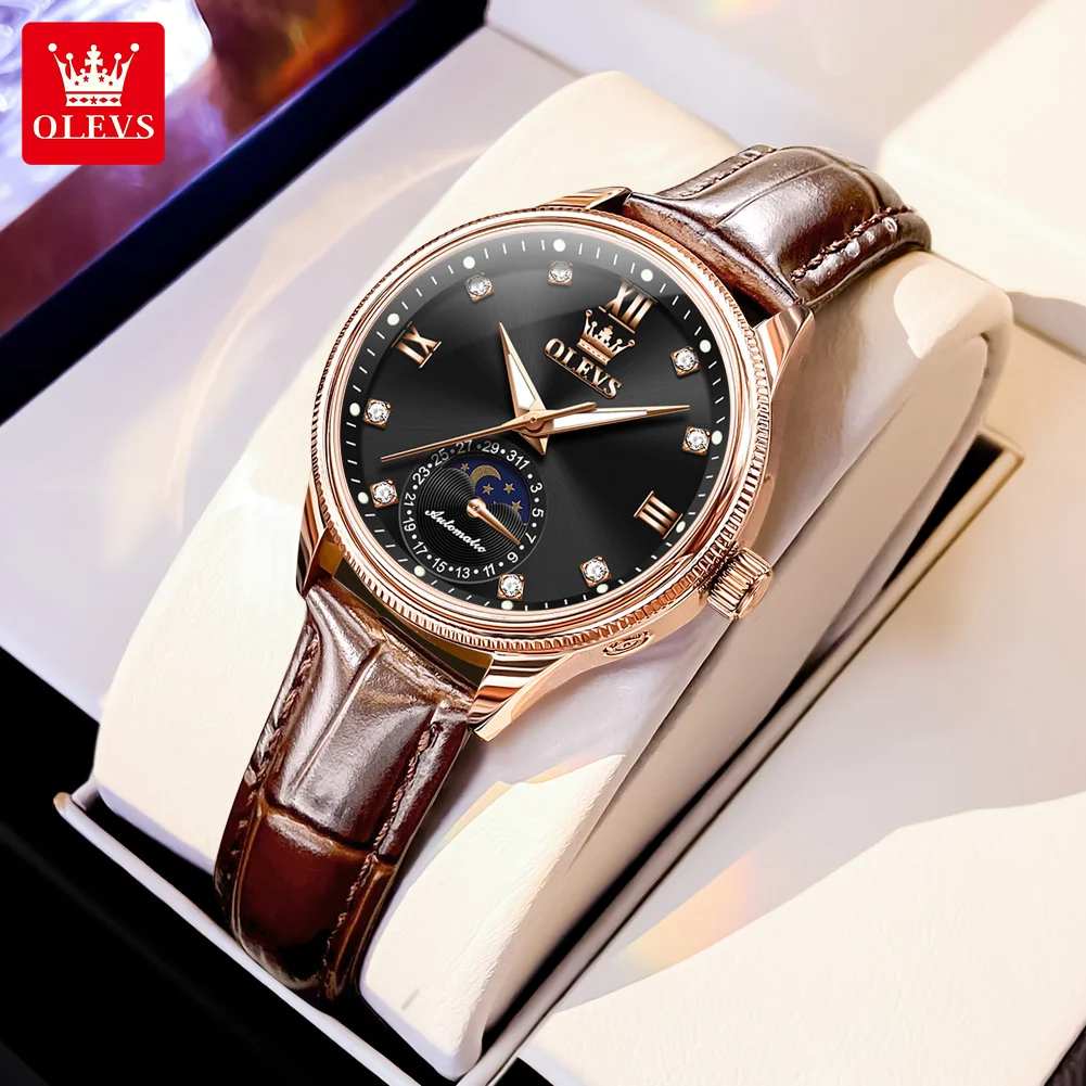 OLEVS Elegant Fashion Women's Watches Luxury Brand Original Mechanical Watch for Ladies Leather Waterproof Moon Phase Clock