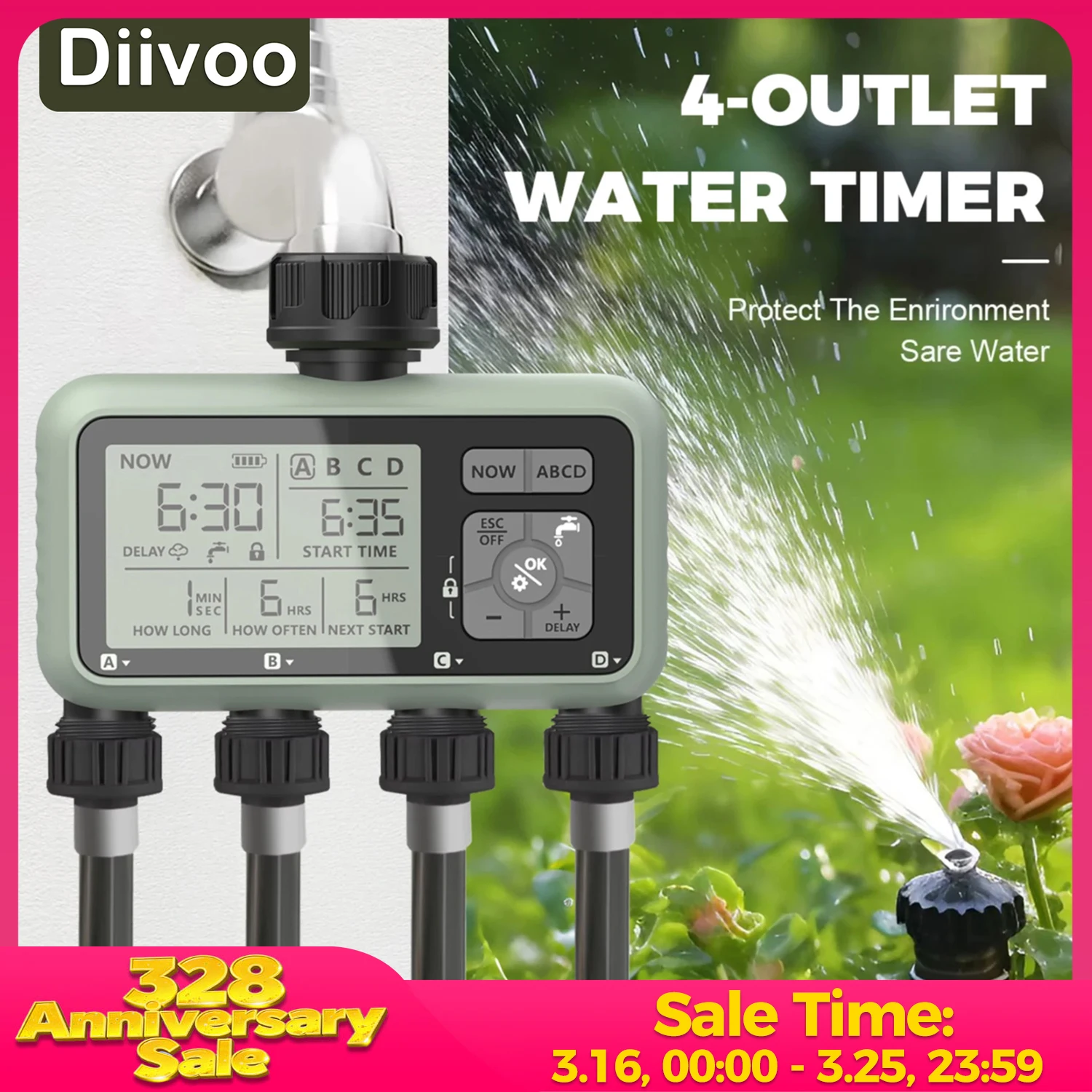 

Diivoo Water Timer 4 Zone Garden Programmable Automatic Irrigation Timer with Rain Delay Manual/Auto Mode Watering for Lawn Yard