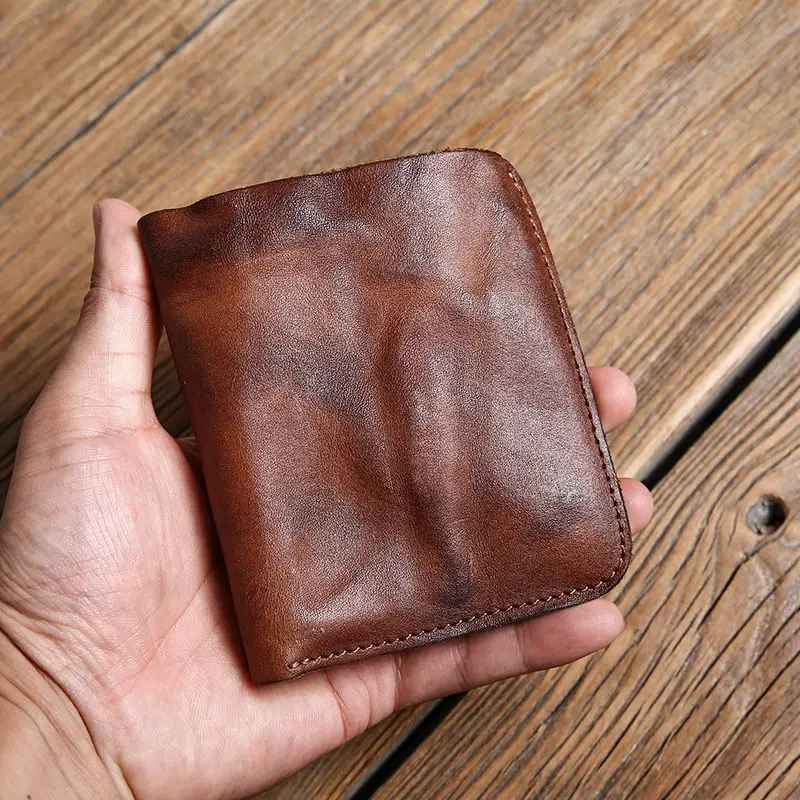Handmade Wallet Ultra-Thin Vertical Wallet Retro Trendy Brand Niche Minimalist Wallet Small Bag，Artistic Crazy Horse Leather Han