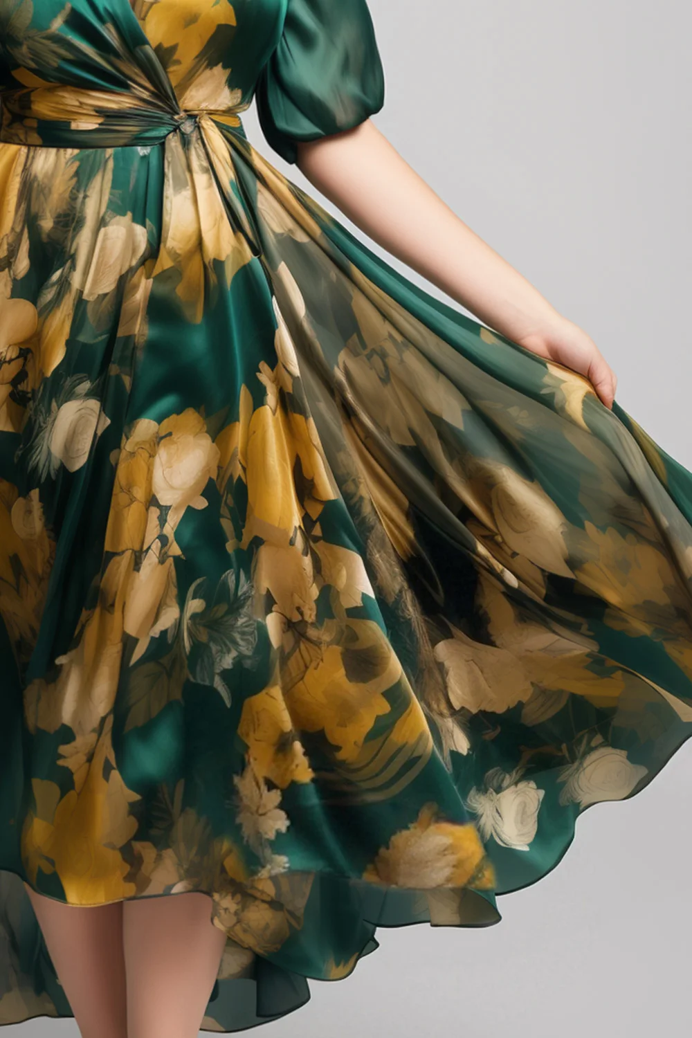Flycurvy Plus Size Wedding Guest Emerald Green Organza Floral Print Wrap Puff Sleeve Maxi Dress