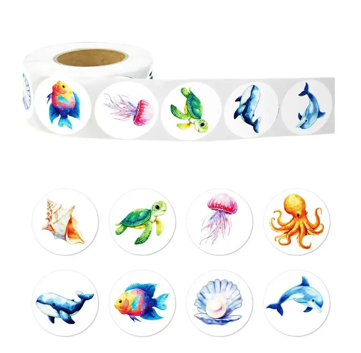 500 new Marine animal rolls, 8 patterns of circular cartoon fish polka dot stickers