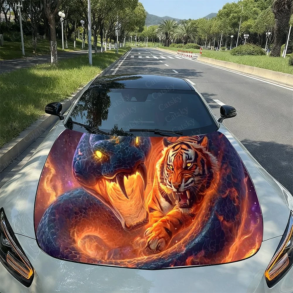 

Vibrant tiger vs. serpent battle decal for car hood, fiery fantasy art design.Car hood sticker
