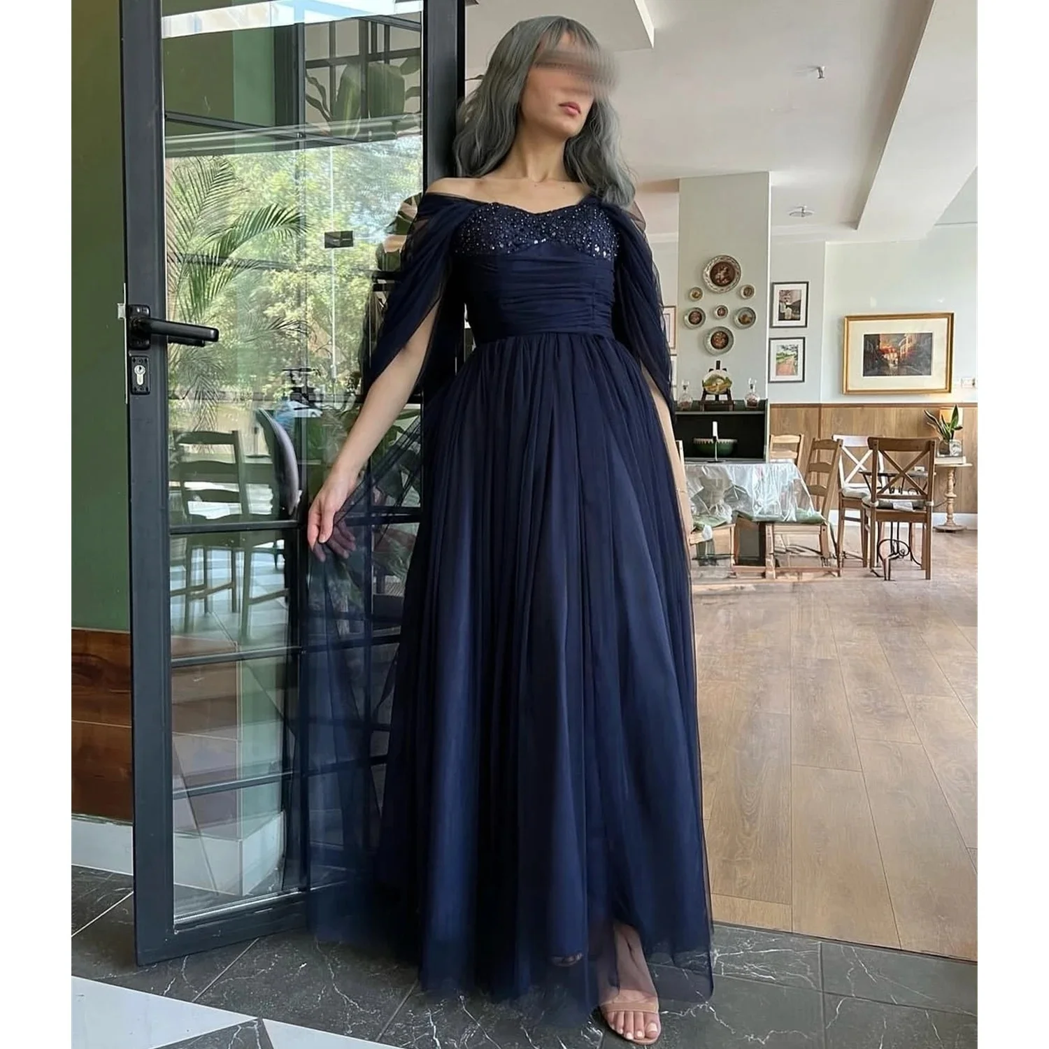 

Navy Blue Sequins Long Bespoke Occasion Gown Evening Dresses Prom Pastrol Unisex Jersey Retro Dubai Saudi Arabic Customized