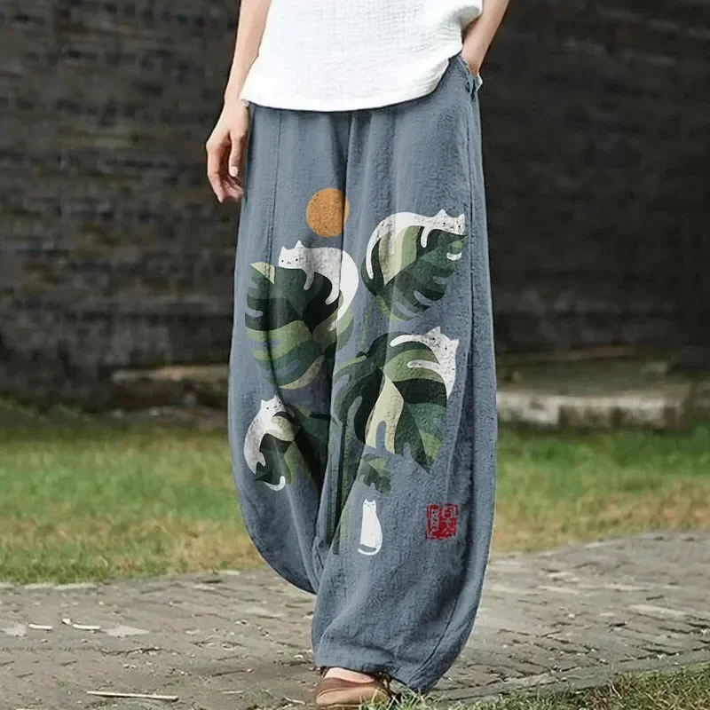 Cat Mountains Landscape Sunrise Japanese Art Vintage Pants Harajuku Baggy Lantern Trousers Elegent Boho Floral Wide Leg Pants