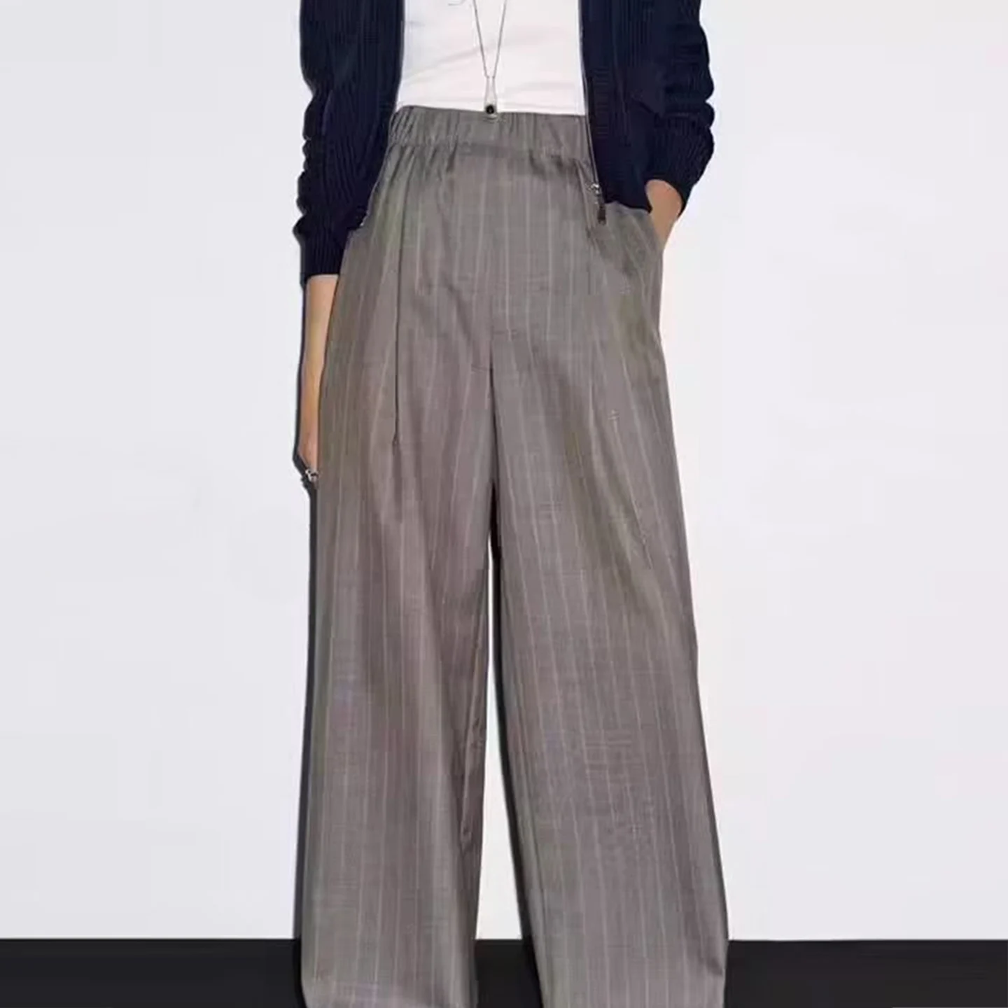 2025 خريف جديد Sle المرأة Faion بنطال ذو قصة أرجل واسعة مخطط ضيق الخصر عالية الخصر مستقيم قطع السراويل الطويلة للسيدات #3