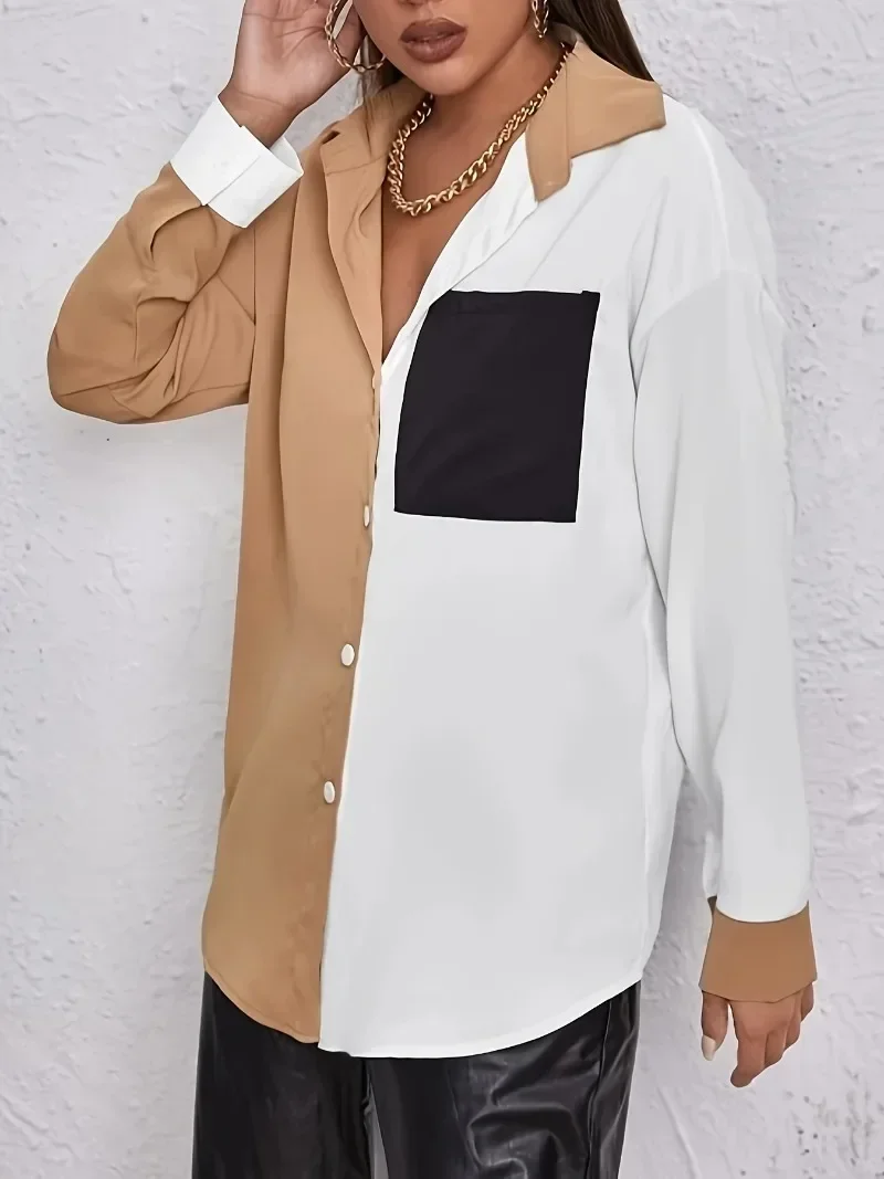 Women's Plus Size New Personality Casual Button-down Blouse Long Sleeve Patchwork Shirt Lapel Loose Blouse