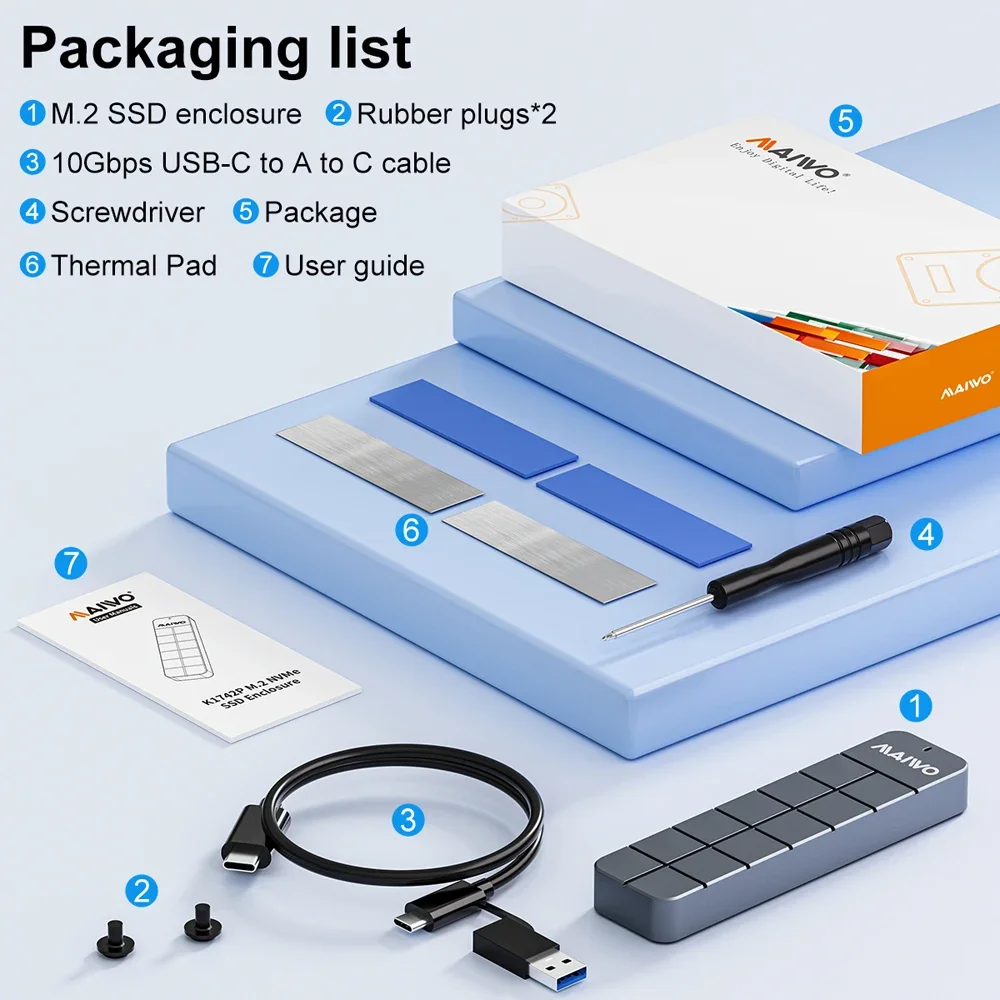 MAIWO M.2 NVMe SSD الضميمة USB3.2 Type-C GEN2 10Gbps 8 تيرا بايت سعة USB C إلى M-Key PCIE NVME SSD محول قارئ حالة الألومنيوم