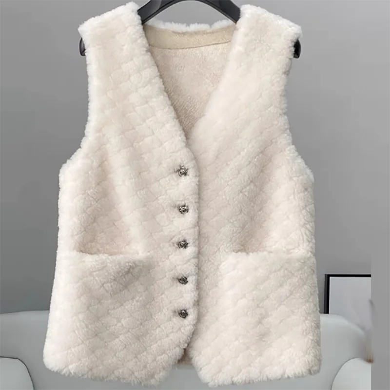 

Winter Women Loose Lamb Hair Short Vests Plaid Elegant Fashion Simplicity Thicken Jacket 2023 Female Casual Warm Sleeveless Coat