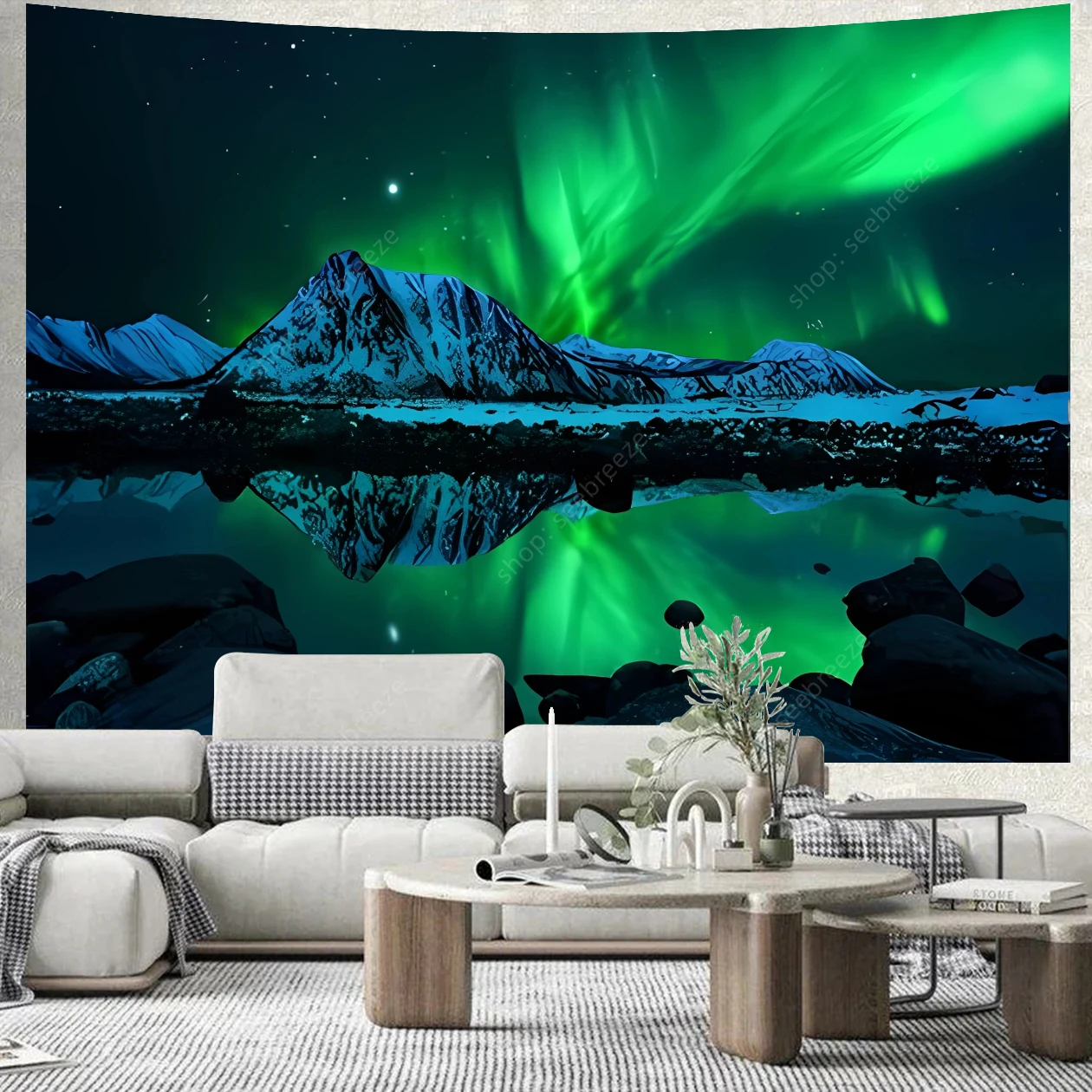 Galaxy Mountain Tapestry Outer Space Starry Night Green Aurora Tapestries Wall Hanging for Room Decor Aesthetic Ceiling Decor