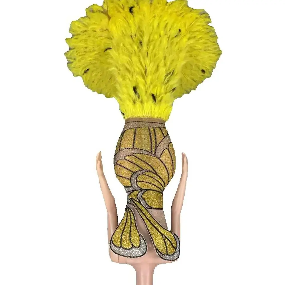 

Gold Diamond Long Feather Dresses Women Birthday Celebrate Evening Prom Party Gowns Singer Stage Wear luxury show outfit