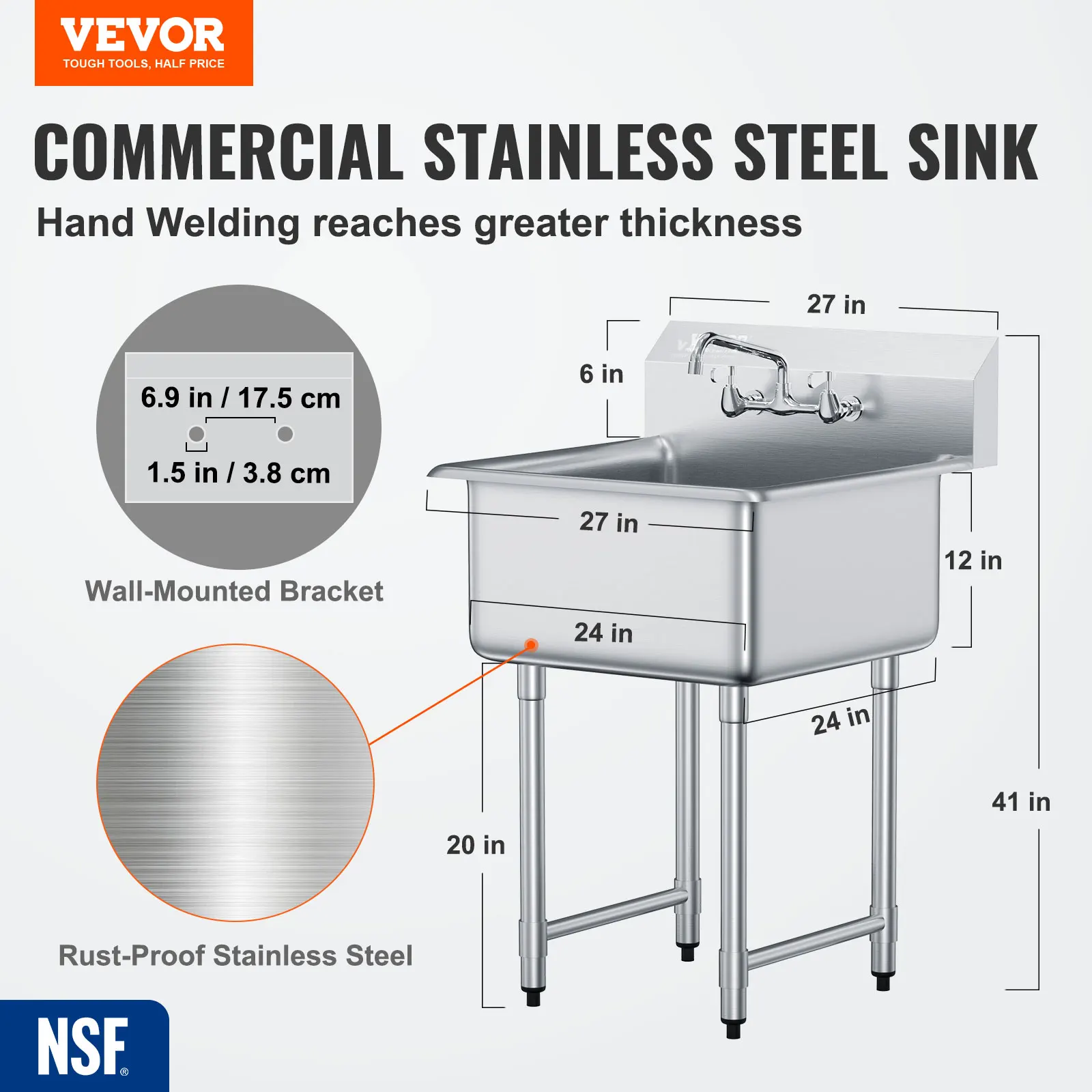 VEVOR Stainless Steel Kitchen Prep & Utility Sink 1 Compartment Restaurant Commercial Steel Sink w/Faucet for Restaurant Home