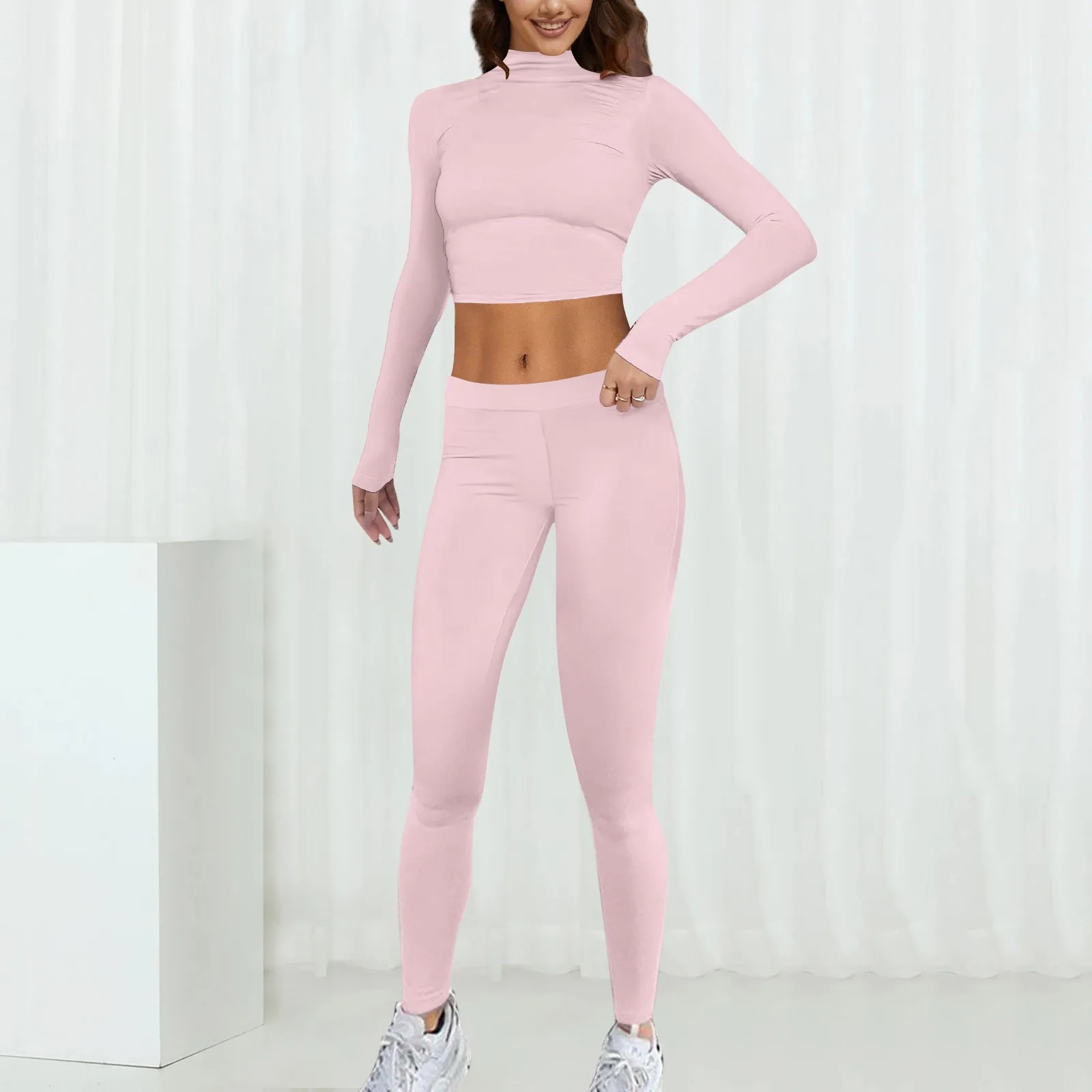 Women Fashion Two Piece Outfit Basic Long Sleeve Crop Top And Low Rise Flare Snow Pants Bib Petite Women Women Casual Pant Suit