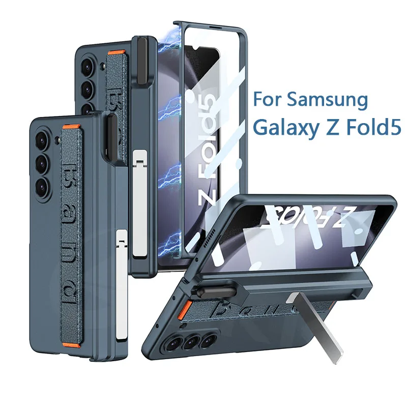 Magnetic Hinge Wrist Strap Case For Samsung Galaxy Z Fold 5 4 Screen Glass Pen Slot Holder Hard Cover For Galaxy Z Fold 5 4 Case