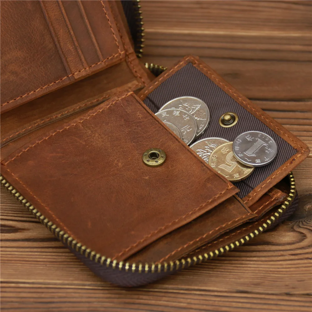 Men's Small Wallet RFID Vintage Genuine Leather Wallets Zipper Around Coin Pocket Man Card Holder Short Wallets High Quality