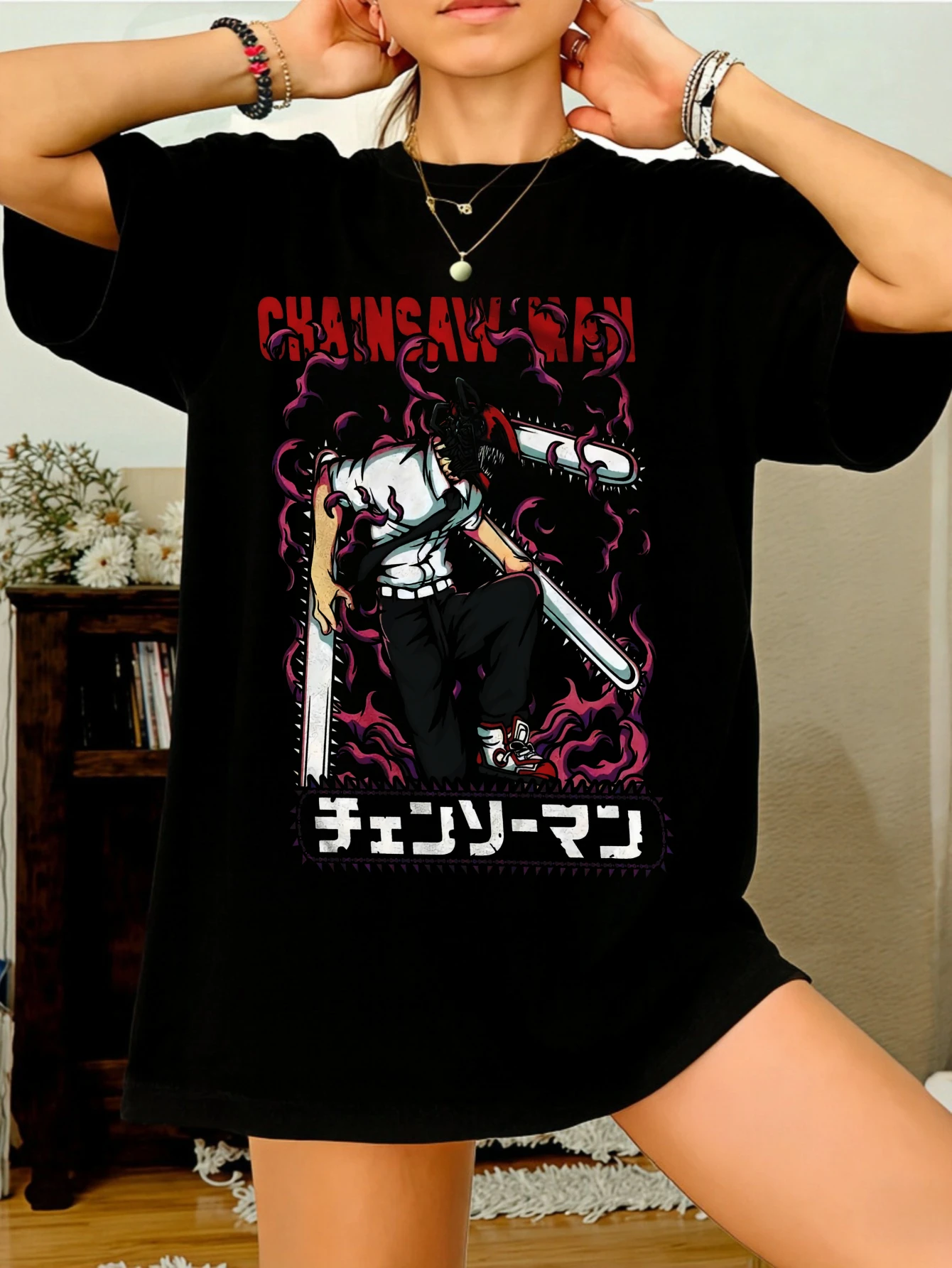 

Women's Oversized Cotton Chainsaw Man Anime Graphic Printed Streetwear Casual Summer T Shirt