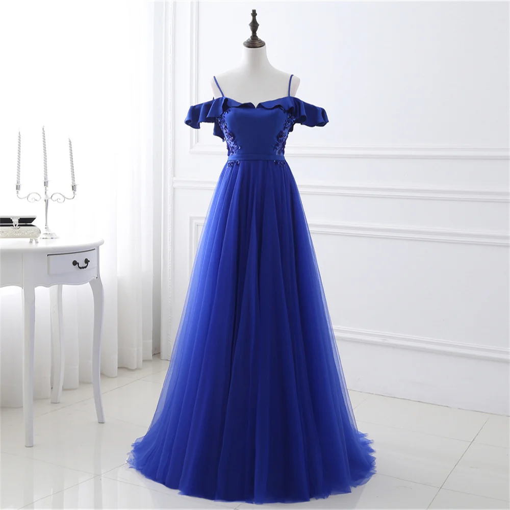 

Blue Thin Shoulder Strap Flat Boat Neck Evening Dress Birthday Wedding Dance Cocktail Party Customized Women's Clothing