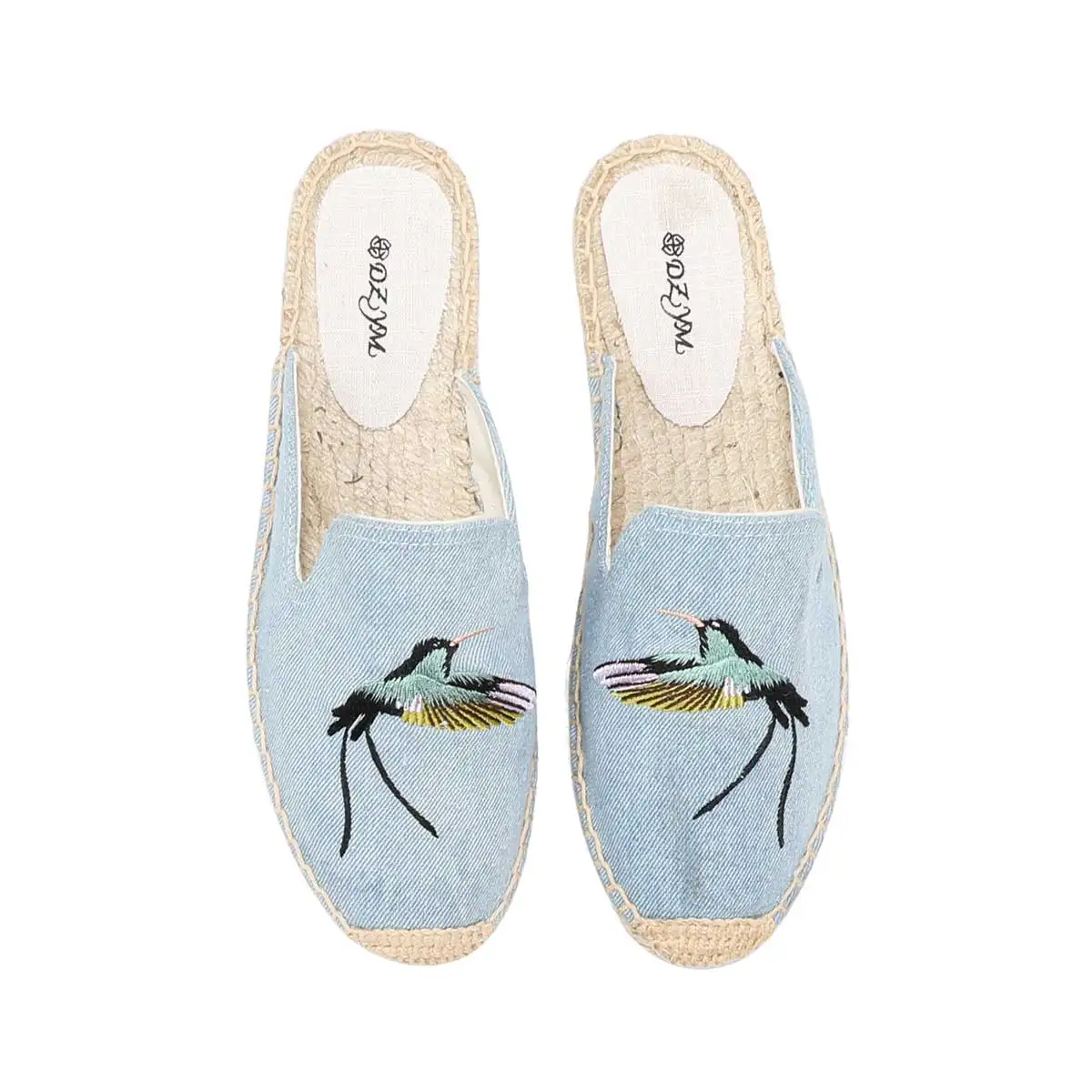 Ladies Summer Fashion Toe Slippers Sandals Flat Comfortable Breathable Slip-On Espadrilles Denim Floral Embroidered Mules