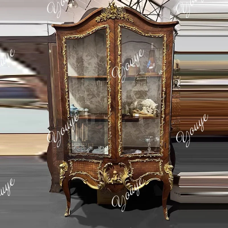 J French Solid Wood Wine Cabinet European Vintage Distressed Display Cabinet Jewelry Ceramic Antique Cabinet
