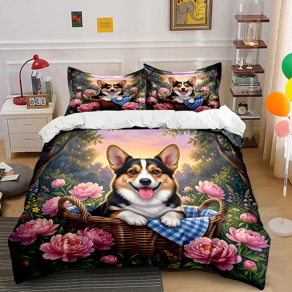 

Cute corgi in floral basket Bedding Set for Kids Luxury Gift 3pcs Digital Print Comforter Set Soft Comfortable Breathable