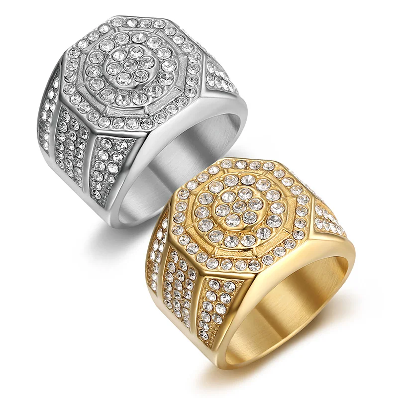 HIP Hop Bling Iced Out Stainless Steel Geometric Octagon Finger Rings for Men Rapper Jewelry Gold Silver Color Drop Shipping