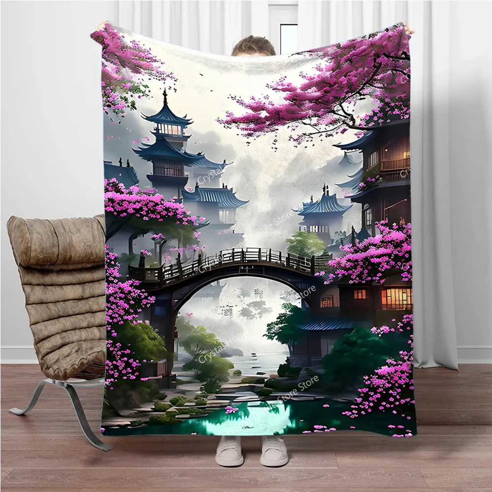 

Japanese Architecture & Cherry Blossoms Flannel Blanket, Soft Warm Throw Blanket Nap Blanket For Sofa Office Bed Camping Trave