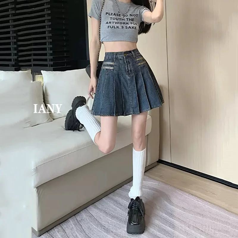 New Women Summer Mini Denim Pleated Skirt Fashion Casual High Waist A-Line Blue Skirt Vintage Plus Size Jeans Skirt