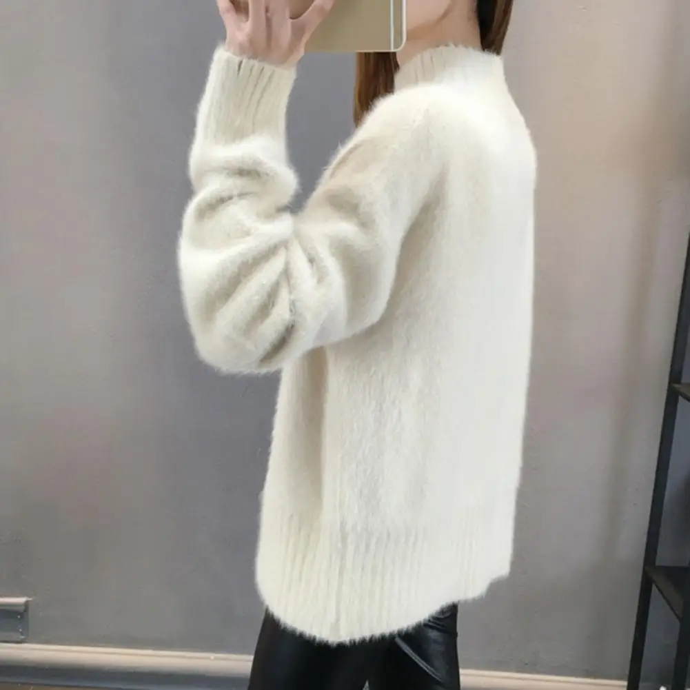 

Solid Color Knit Pullover Cozy Women's Knitwear Collection Half High Collar Sweater Ribbed Trim Knit Top Long-sleeved Pullover