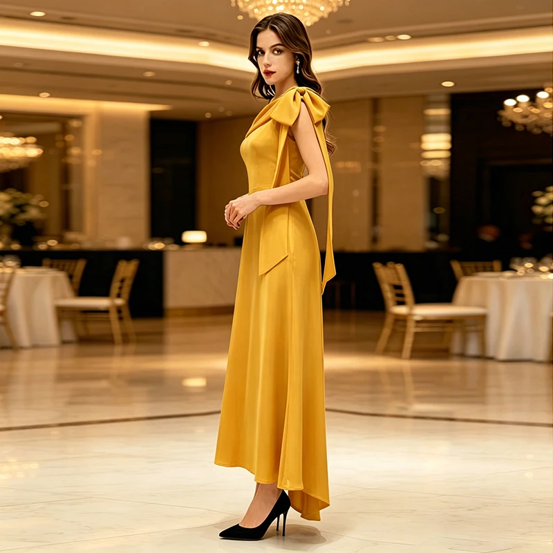 2026 Elegant Yellow Evening Dress One Shoulder Bow Long Maxi Formal Party Prom Gown for Women Wedding Guest