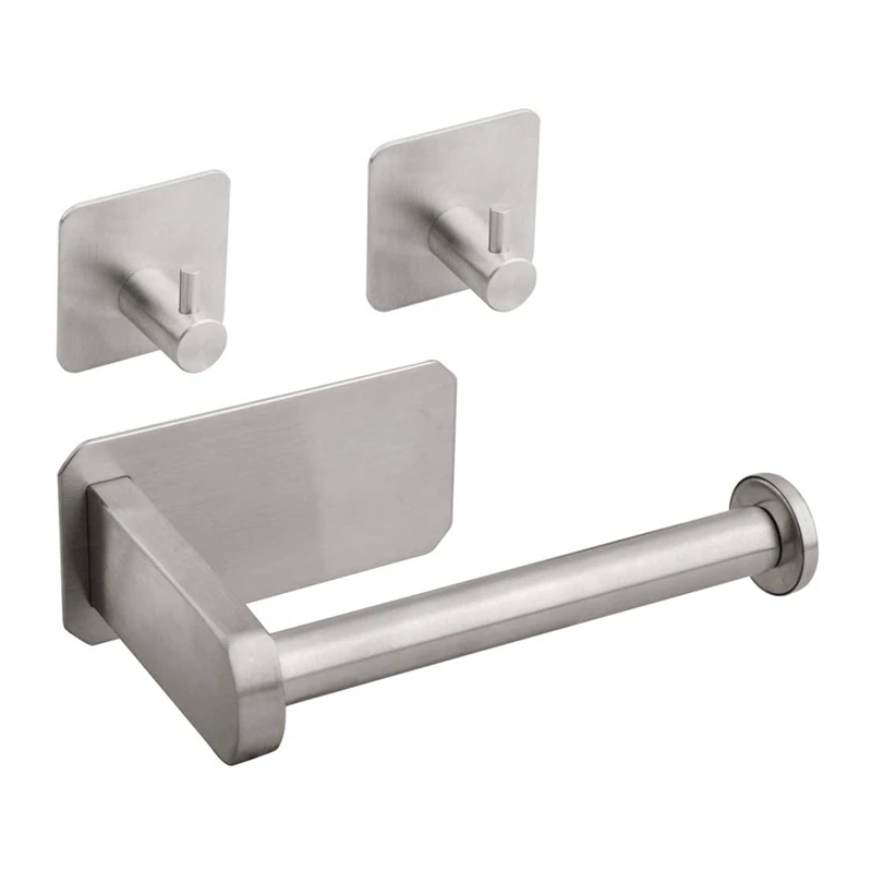 Toilet Paper Holder - Brushed Nickel Adhesive Toilet Paper Holder With 2 Hanging Hooks For Campers, Bathroom, Kitchen