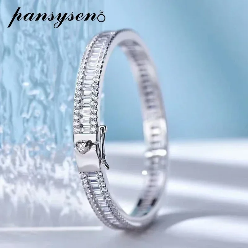 PANSYSEN Sparkling 925 Sterling Silver Simulated Moissanite Diamond Women Man Charm Bangle 18K White Gold Plated Chirstmas Gift