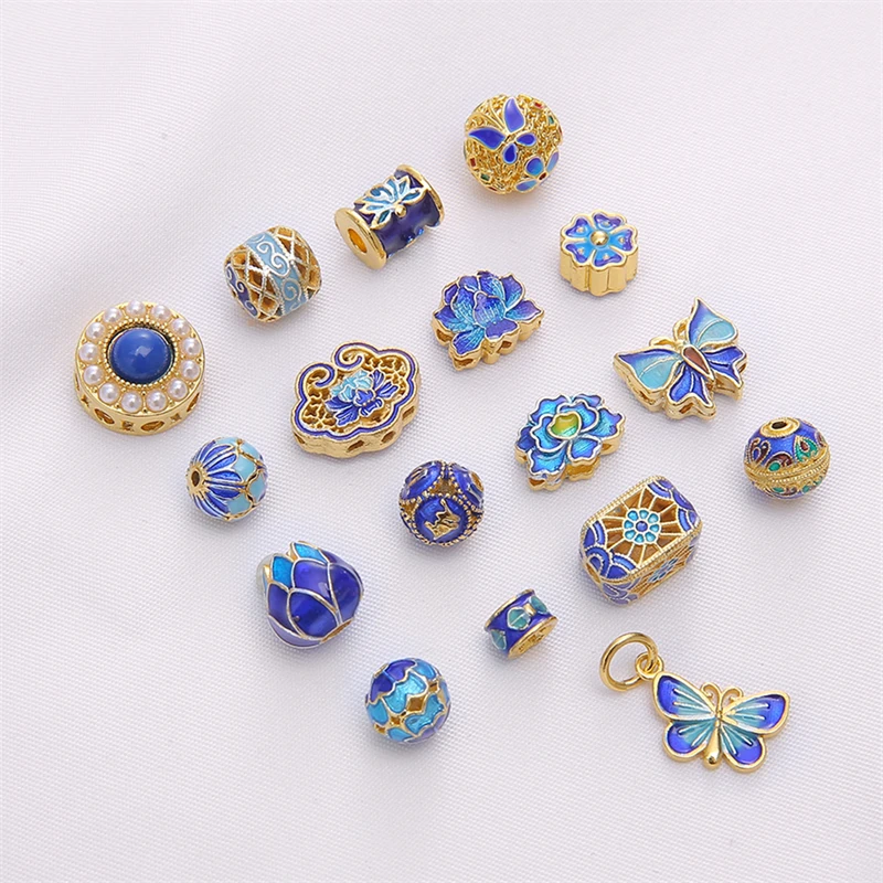 

1Pcs Copper 18K Gold Blue Loose Spacer Beads Round Flower Beads Charms for Bracelet Necklace Earring DIY Jewelry Making Craft