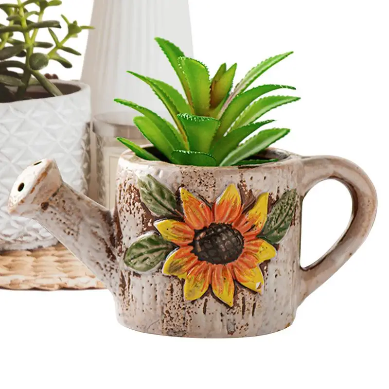 

Teacup Planter Ceramic Succulent Pot Hand Painted Sunflower Round Shallow Planter For Indoor Balcony Desk Home Garden Supplies