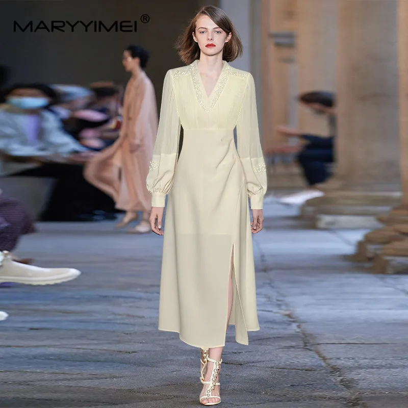 MARYYIMEI New Fashion Designer Women\'s Spring 2024 New V-Neck Lantern Long-Sleeved Nail Beads Pleated High-Waisted Split Dress