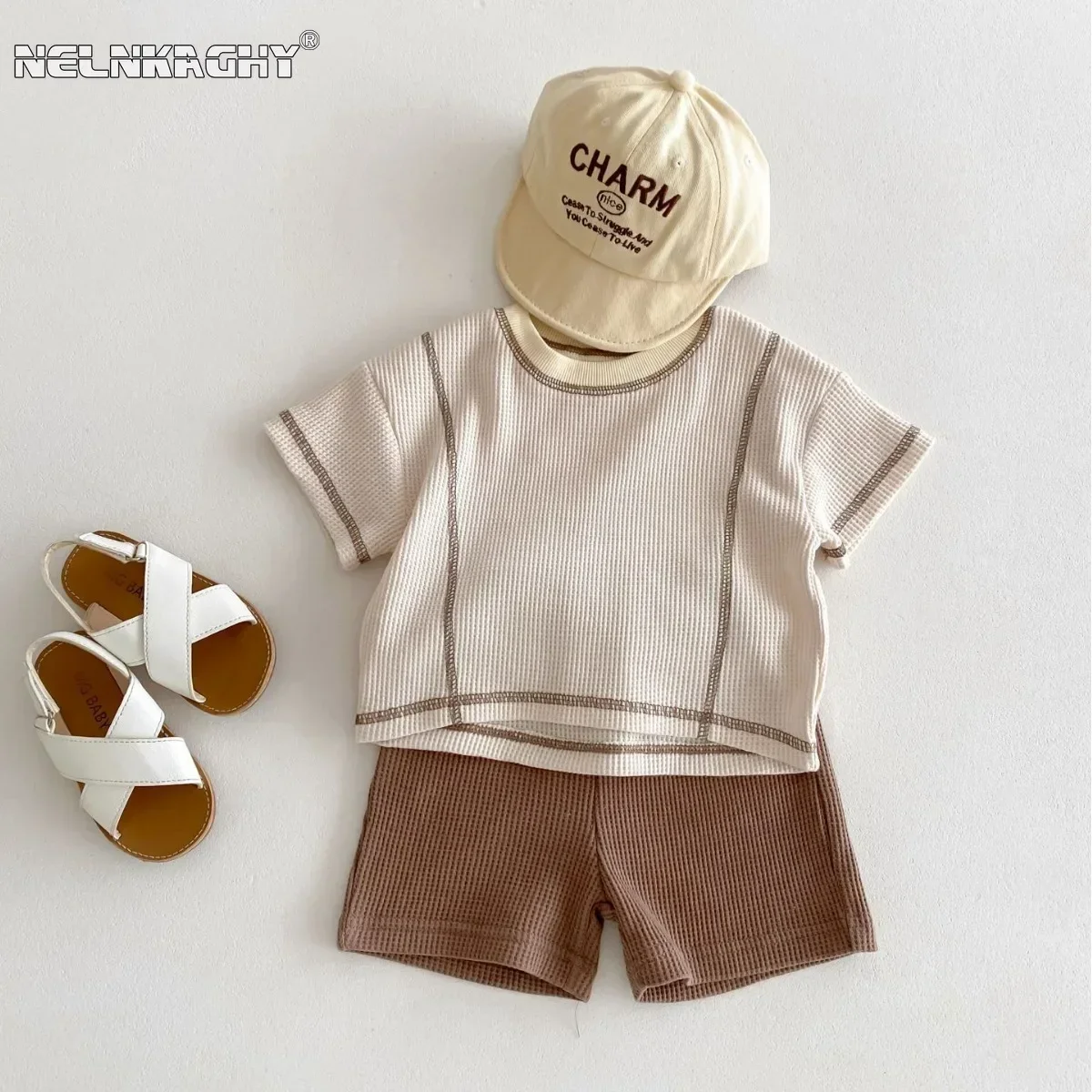 

Korean Style Unisex Baby Summer Loose Fashion Waffle Grid Pants 2-Piece Set Infant Short Sleeve T-shirt Outfit