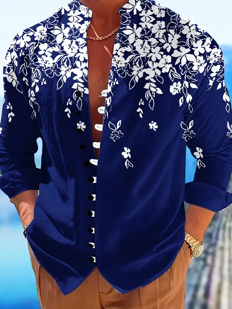 Men Linen Shirts New Print Button Shirt Fashion Stand Up Collar Loose Men's Shirts Streetwear Casual Beach 2026