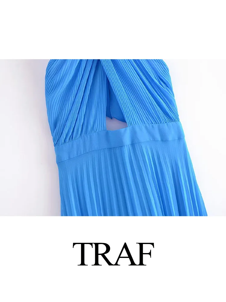 TRAF 2023 New Women Fashion Solid Casual Sexy Pleated Dress Elegant Halter Hollow Out For Party Backless Sleeveless Dresses