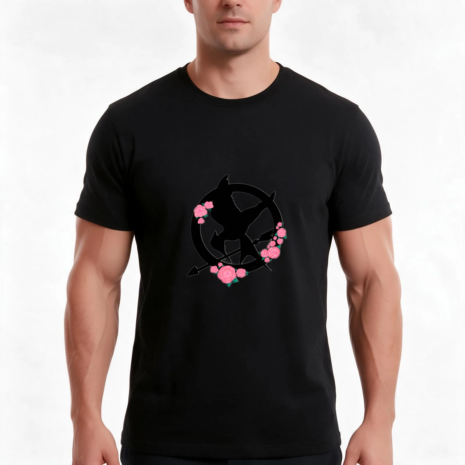 Mockingjay logo flowers T-Shirt, Summer Casual Cotton Tee, Oversized Streetwear Tops, Vintage Graphic Print, Unisex Men Women