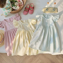 Humor Bear 2024 Summer Flower Exquisite Embroidered Girl Dress Cotton Flying Sleeve Children‘s Princess Dress