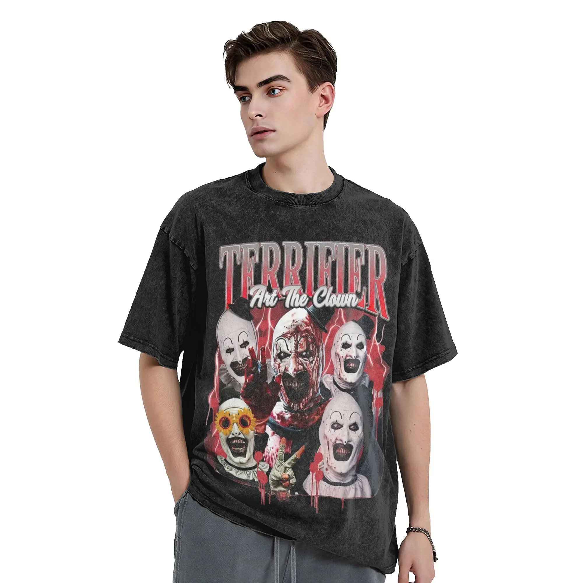 Washed T Shirts Terrifier Art The Clown Hip Hop Novelty T-Shirt High Street Streetwear Graphic Printed Tops Tee Shirt Men Women