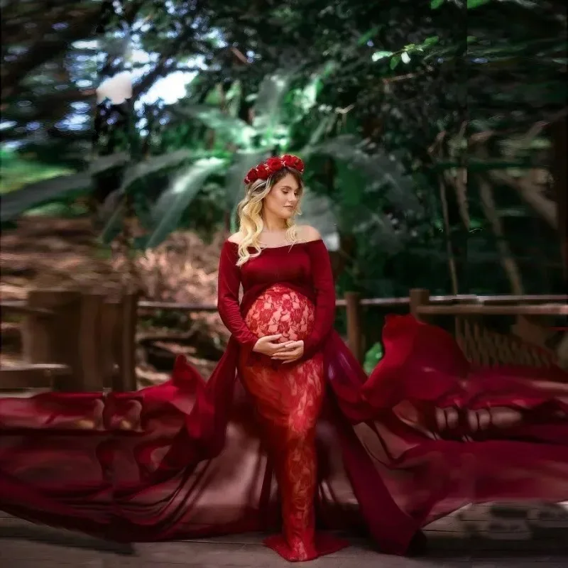 

Chiffon Maternity Dress for Photography Pregnancy Photoshoot Dress Lace Baby Bump Shooting Dress for For Pregnant Women