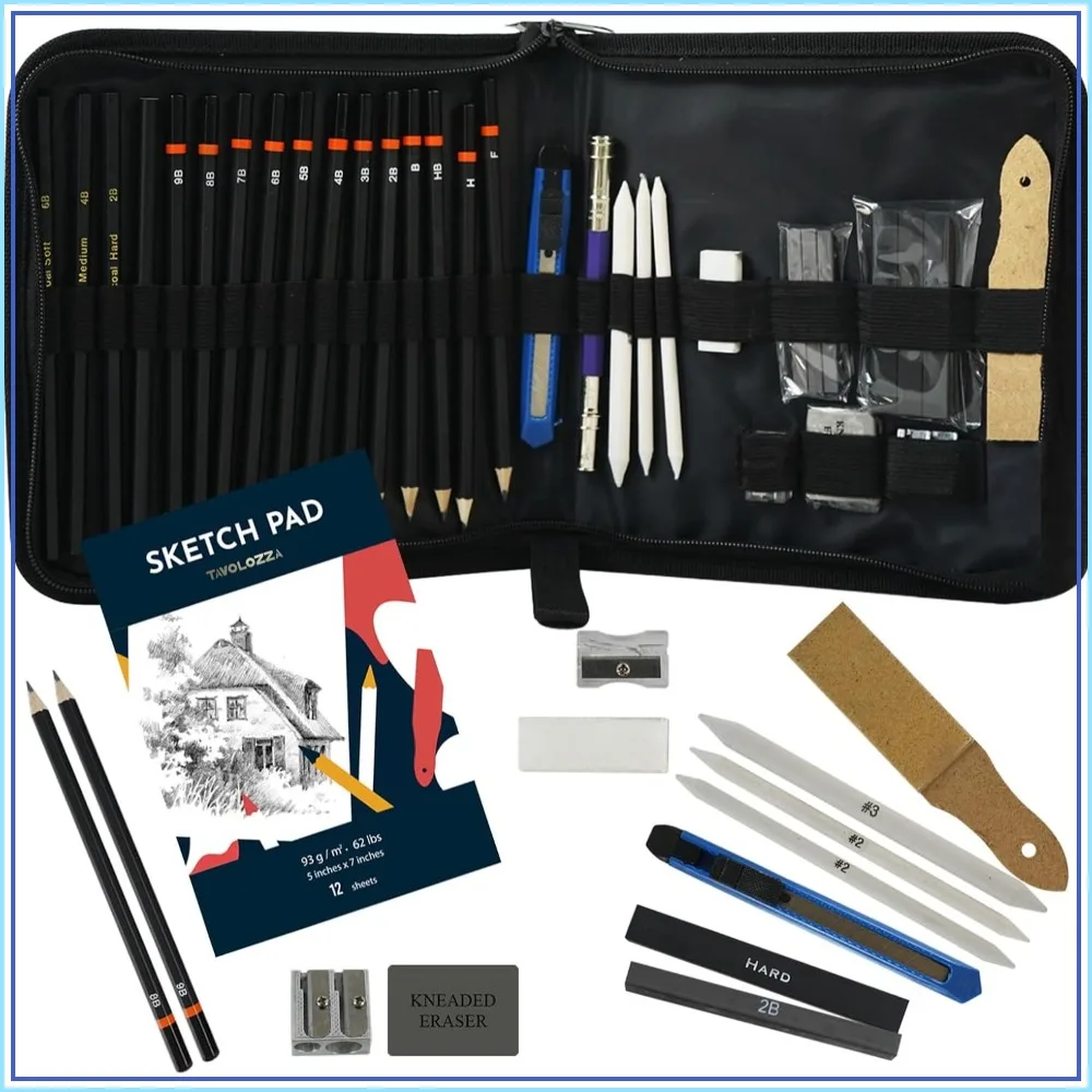 

34 Pack Professional Drawing and Sketch Pencil Set in Soft-Sided Art Portfolio Storage Bags